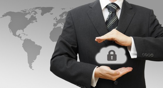 Secured Online Cloud Computing Concept with Business Man protecting data